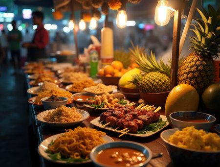A bustling night market stall displays a colorful variety of Malaysian street food, tempting visitors with aromatic dishes and fresh ingredients.の素材