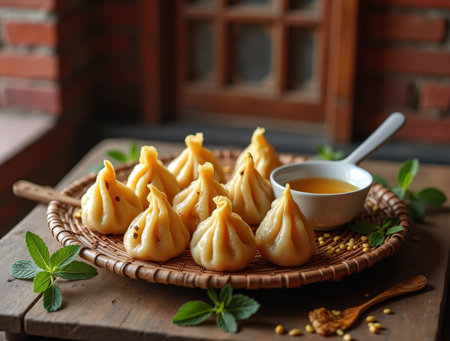 A plate of smooth, teardrop-shaped yomari dumplings sits ready to enjoy, accompanied by a small bowl of dipping sauce.の素材