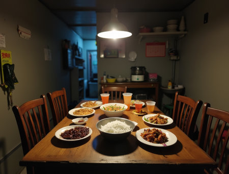 A Malaysian family enjoys a modest dinner featuring rice, meats, and vegetables on a wooden table in their warm kitchen.の素材