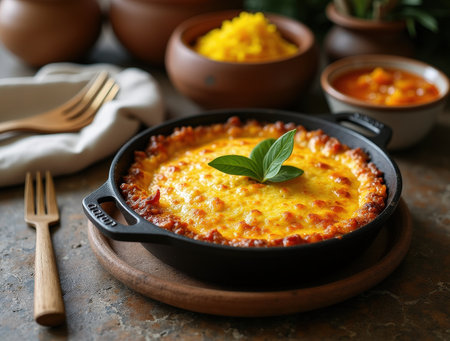 A stunning plate of South African bobotie with yellow rice and chutney showcases vibrant colors and textures.の素材