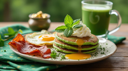 Fluffy green pancakes topped with whipped cream, fresh mint, and runny eggs complete this festive Irish breakfast served with bacon.の素材