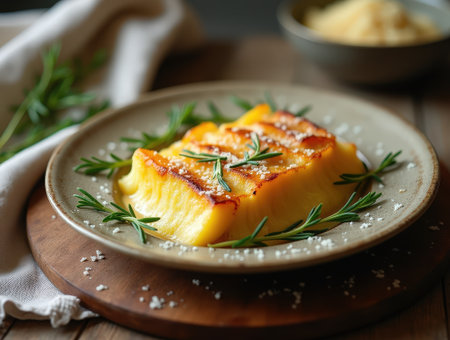 Creamy and golden potato gratin features tender potato slices, expertly layered and garnished with fresh herbs, ideal for any meal.の素材