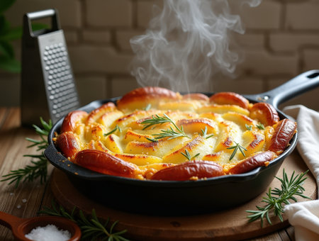 Savory golden-brown potato gratin features layers of tender potatoes, garnished with fresh rosemary, and served in a cast iron skillet.の素材