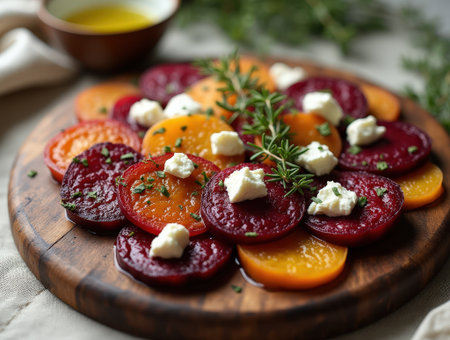 Colorful roasted beets topped with goat cheese and fresh thyme offer a delightful combination of earthy flavors on a rustic wooden platter.の素材