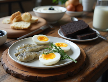 Enjoy a hearty breakfast with herring eggs, soft-boiled eggs, black bread, and dairy products on a rustic wooden table setting.の素材