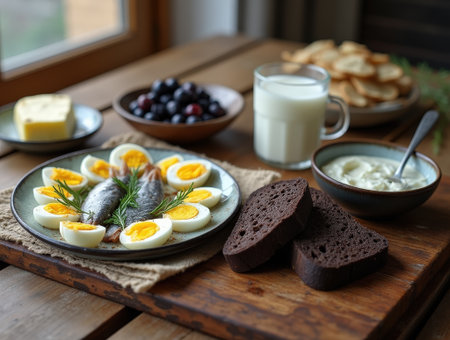 A hearty breakfast spread includes herring eggs, black bread, dairy, and fresh berries on a rustic wooden table near a window.の素材