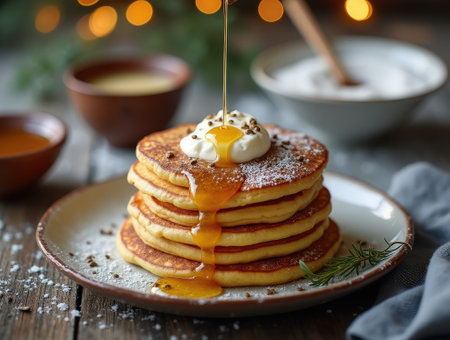 Enjoy a warm stack of pancakes topped with cottage cheese, poppy seeds, and drizzled with sweet vanilla sauce, perfect for winter mornings.の素材