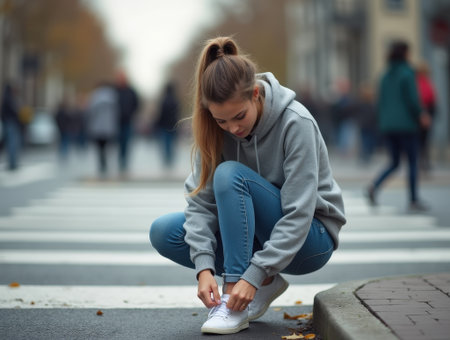 A young woman with a high ponytail crouches down to tie her shoe by busy crosswalk on an autumn day with people walking in backgroundの素材