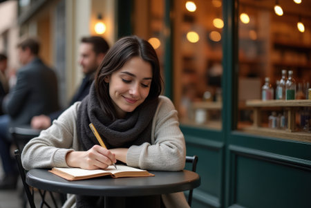 A young woman with dark straight hair sits at a cafe, thoughtfully writing in her journal while enjoying the lively atmosphere.の素材