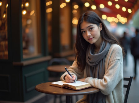 A young woman with straight dark hair sits at a street cafe, writing in her journal while enjoying the cozy atmosphere around her.の素材