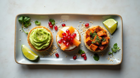 Three unique tartlets feature avocado mousse, salmon cream cheese, and kimchi tofu, garnished with fresh ingredients on a stylish platter.の素材