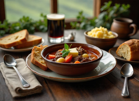 Enjoy a cozy Irish lunch with a bowl of hearty stew, fresh bread, and a refreshing drink on a rustic wooden table.の素材