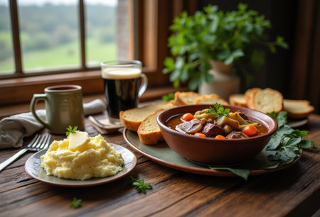 A rustic wooden table set with a hearty Irish lunch, featuring stew, mashed potatoes, brown bread, and dark beer, surrounded by greenery.の素材