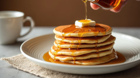 Close-up of a stack of golden fluffy pancakes topped with butter and drizzled with maple syrup, perfect for a leisurely breakfast experience.の素材