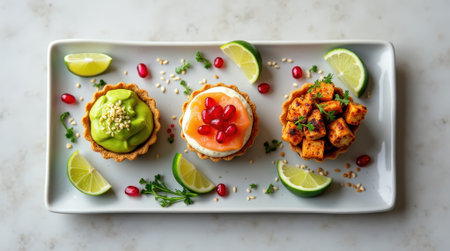 Three exquisite tartlets featuring avocado mousse, salmon cream cheese, and kimchi tofu, beautifully arranged with lime and pomegranate garnishes.の素材
