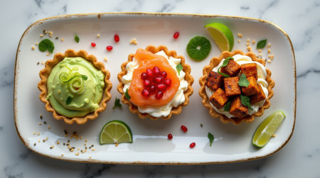 Three tartlets showcase avocado mousse, cream cheese with salmon, and kimchi tofu, garnished with pomegranate and lime. Perfect for any gathering.の素材