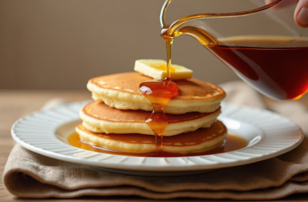 Close-up of a stack of fluffy pancakes drizzled with warm maple syrup and topped with a pat of butter, served on a white plate.の素材