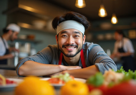 A young East Asian man smiles warmly while leaning on a countertop in a vibrant kitchen filled with fresh ingredients and cooking activity.の素材