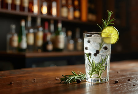 A crystal glass brimming with sparkling gin and tonic is garnished with herbs and lime, set on a rustic wooden bar top.の素材