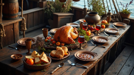 A beautifully arranged table features a feast of turkey, fruits, and drinks aboard a rustic wooden pirate ship at sunset.の素材