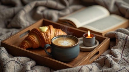 A breakfast tray features freshly brewed coffee, a buttery croissant, a lit candle, and an open book nestled on a cozy blanket.の素材