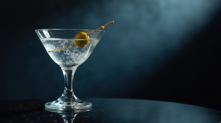 A chilled martini glass filled with crystal-clear gin is elegantly displayed on a polished black surface, highlighting its sophistication and allure.の素材