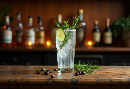 A crystal glass filled with sparkling gin and tonic sits on a wooden bar, garnished with fresh herbs and a slice of lime, creating a refreshing drink.の素材