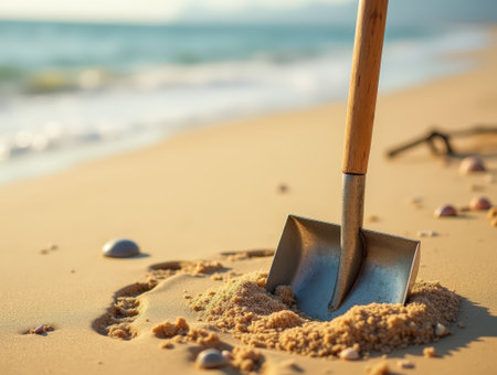 A sturdy shovel with a wooden handle is stuck in sand along a tranquil beach, with gentle waves lapping at the shore during sunset.の素材