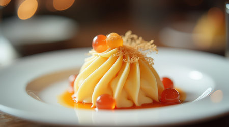 An intricately crafted gourmet dessert is artistically presented on a white plate with vibrant garnishes, perfect for a fine dining experience.の素材