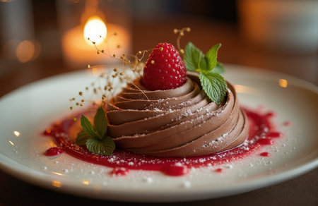 A close-up view showcases a beautifully crafted chocolate dessert topped with a fresh raspberry and mint, resting on a delicate china plate.の素材
