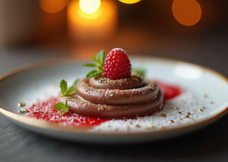 This gourmet dessert features rich chocolate mousse, garnished with fresh raspberries and mint, arranged beautifully on a fine china plate.の素材