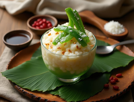 A vibrant bowl of cendol displays crushed ice, coconut milk, pandan jelly, and sweetened red beans, offering a delightful summer treat.の素材