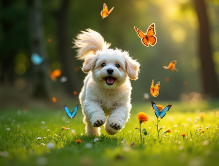 A fluffy bolognese dog runs energetically through a vibrant park filled with butterflies and blooming flowers under the warm sunlight.の素材