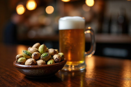 Roasted pistachios are served in a bowl next to a glass of cold beer in a warm bar atmosphere, inviting relaxation and enjoyment.の素材