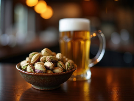A bowl of pistachios sits beside a cold beer in a warm bar, creating a perfect atmosphere for relaxing with friends after a long day.の素材