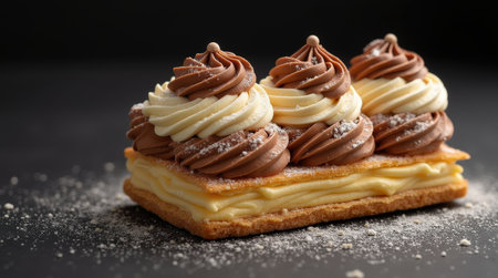 This exquisite dessert features layers of pastry filled with creamy filling and topped with chocolate and vanilla swirls decorated with sugar.の素材