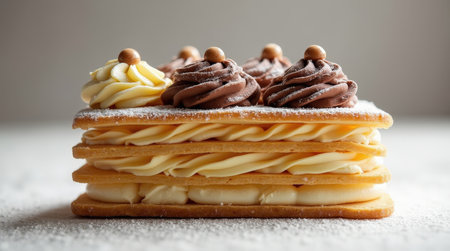 This exquisite dessert features layers of crisp pastry filled with luxurious chocolate and vanilla cream, topped with decorative swirls.の素材