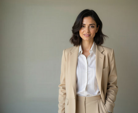 Confident woman stands with a poised expression, wearing a beige suit in a minimalist background, showing her professionalism and style.の素材
