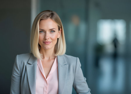 A confident woman stands with a poised expression in a contemporary office space.の素材