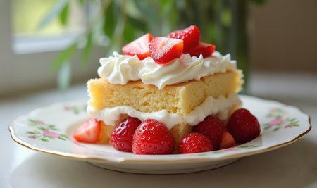 Enjoy a full delight slice of strawberry shortcake adorned with fluffy whipped cream and fresh strawberries, perfect for any dessert lover's treat.の素材