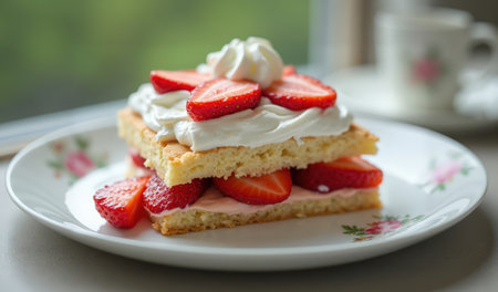 Layers of fluffy sponge cake and fresh whipped cream create a delightful strawberry shortcake, topped with sliced strawberries for a sweet touch.の素材