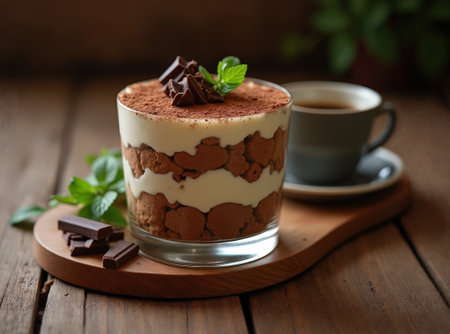 Rich layers of coffee-soaked dessert are topped with chocolate and mint, served with a cup of coffee on a rustic wooden table.の素材