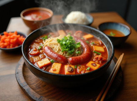 A steaming bowl of budae jjigae fills the table, showcasing noodles, sausage, cheese, and vibrant toppings, inviting guests to enjoy a hearty meal.の素材