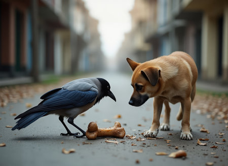 A tense moment unfolds as a gray crow gets close to a curious dog eyeing the bone on a deserted street during early morning light.の素材