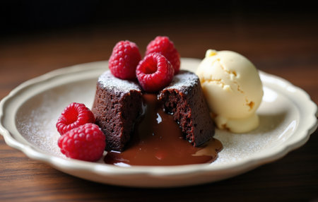 A luscious chocolate lava cake oozes warm chocolate, topped with raspberries and accompanied by a scoop of creamy vanilla ice cream.の素材