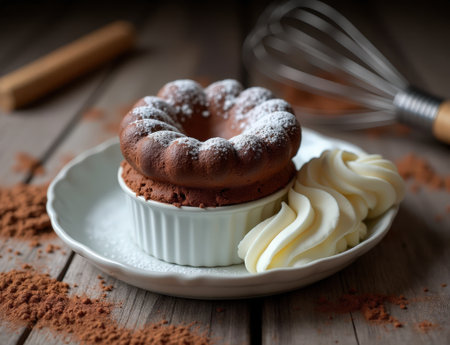 A beautifully baked chocolate souffl rests on a plate, dusted with powdered sugar and accompanied by smooth whipped cream.の素材