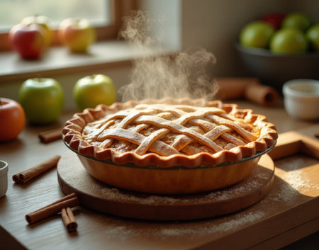 A golden-brown lattice-topped apple pie sits on a wooden surface, releasing steam. Surrounding it are fresh apples and cinnamon sticks.の素材