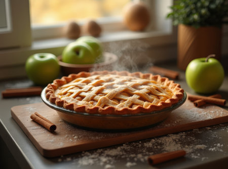 A freshly baked golden-brown apple pie sits on a wooden board, steam rising from its lattice crust. The kitchen is warm and inviting.の素材