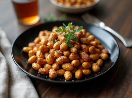 A beautifully arranged dish of roasted peanuts garnished with herbs sits on a dark plate, showing culinary artistry and flavor.の素材
