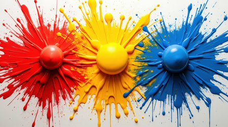 Vivid splashes of red, yellow, and blue create an energetic display with dynamic paint bursts, capturing a lively artistic expression.の素材